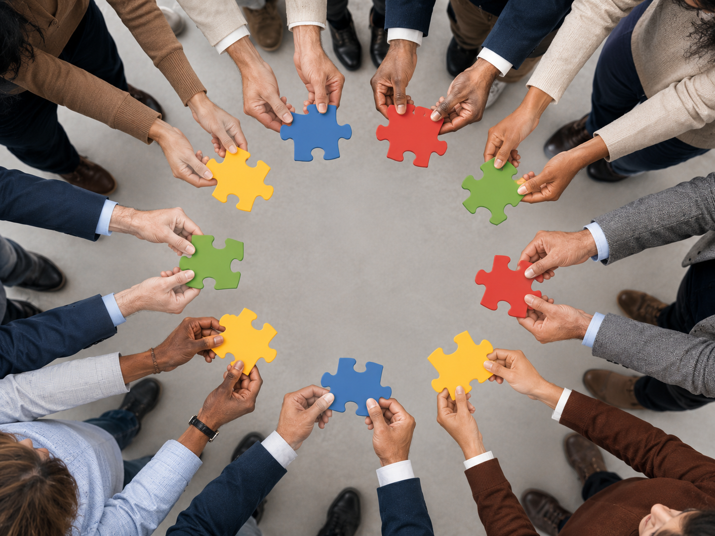 Team members holding colourful jigsaw pieces in a circle
